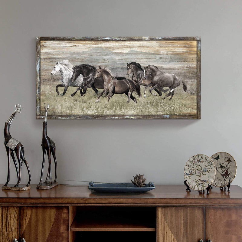 Hardy Gallery Wooden Horses Picture Wall Decor: Modern Running Wildlife Horse Animal Painting Print on Rustic Textured Wood Artwork Wall Art with Handcrafted Wooden Framed (40" x 20") - Image 4